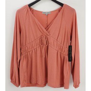 New Absolutely Famous Women's XL Pink Jersey V-Neck Tie Front Long Sleeve Blouse